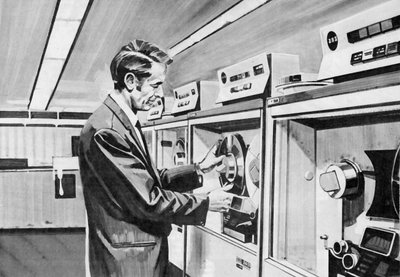 Man tending a mainframe computer by English School